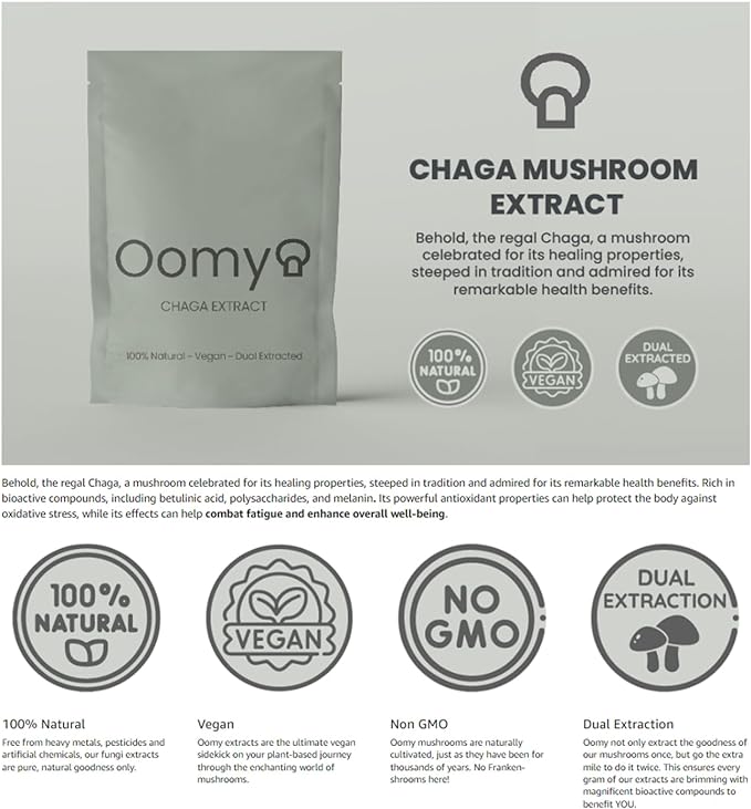 Oomy Chaga mushroom powder is 100% natural, vegan and non gmo.