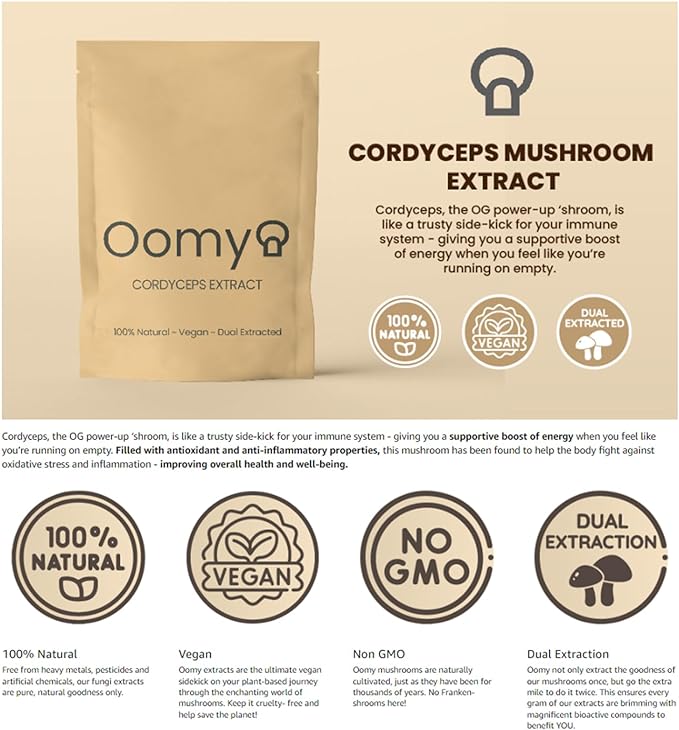 Oomy Cordyceps is 100% natural, vegan, and dual extracted.