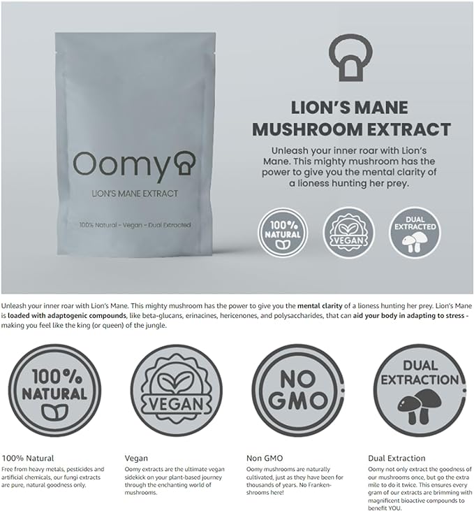 Oomy Lion's mane is 100% natural, vegan and dual extracted.